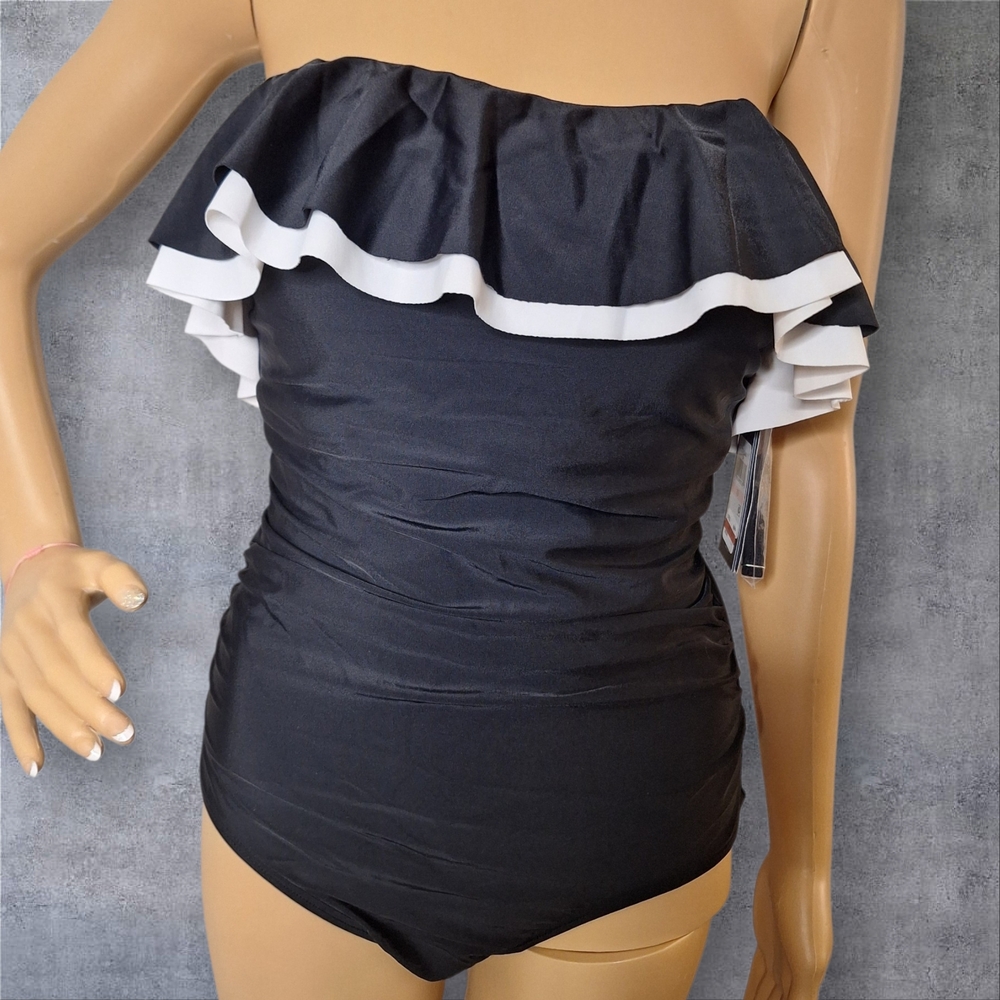 Tommy Hilfiger Black Strapless Ruffle One-Piece Swimsuit with White Trim